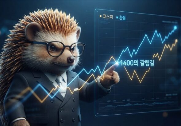 코스피와 원달러 환율 1400원 지지선 관계를 짚는 차트도치 캐릭터