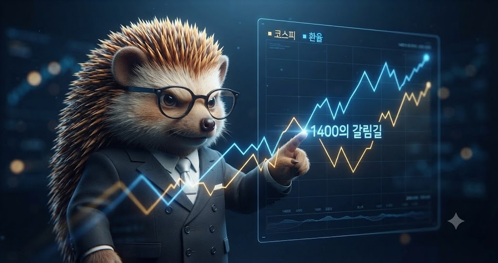 코스피와 원달러 환율 1400원 지지선 관계를 짚는 차트도치 캐릭터
