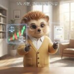 안경 쓴 고슴도치 캐릭터가 머스터드색 카디건 차림으로 블랙록 지분 공시와 무상증자 신주상장 일정을 양손으로 가리키며 분석하는 모습을 그린 일러스트