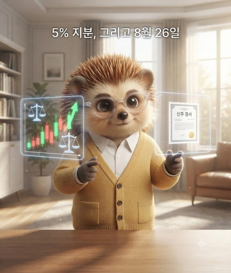 안경 쓴 고슴도치 캐릭터가 머스터드색 카디건 차림으로 블랙록 지분 공시와 무상증자 신주상장 일정을 양손으로 가리키며 분석하는 모습을 그린 일러스트