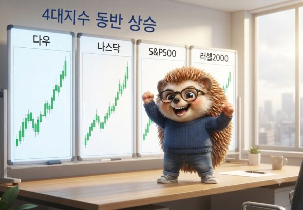 안경 쓴 고슴도치 캐릭터가 다우, 나스닥, S&P500, 러셀2000 4대 지수 상승 차트 앞에서 두 팔을 들고 기뻐하는 모습을 그린 일러스트