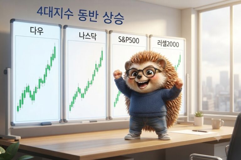 안경 쓴 고슴도치 캐릭터가 다우, 나스닥, S&P500, 러셀2000 4대 지수 상승 차트 앞에서 두 팔을 들고 기뻐하는 모습을 그린 일러스트