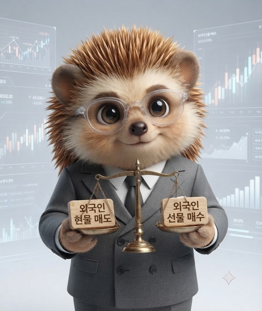 코스피 지수 하락과 개별 종목 상승이 엇갈린 시장을 분석하는 차트도치 캐릭터