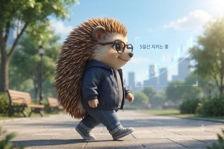 안경 쓴 고슴도치 캐릭터가 화창한 오후 산책로를 걸으며 5일 이동평균선을 따라 우상향하는 캔들차트를 곁눈질로 확인하는 모습을 그린 일러스트
