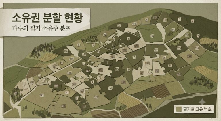 소유권 분할 현황을 나타내는 다수의 필지 소유주 분포 지도 일러스트