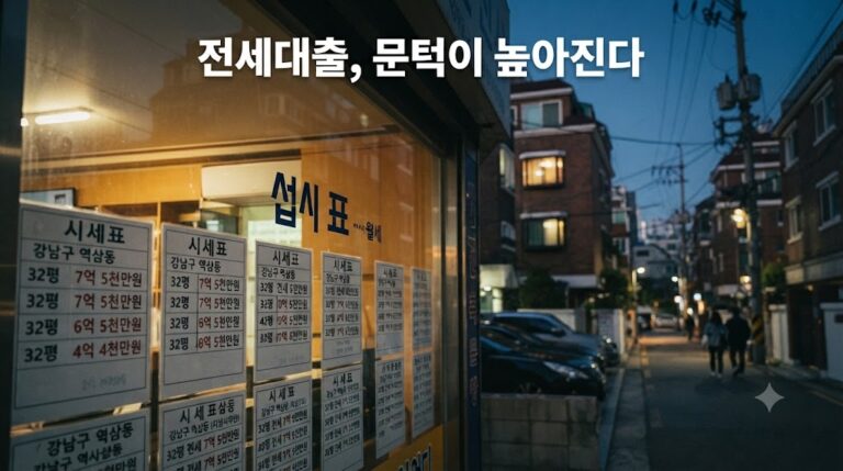 서울 주거지 골목의 부동산 중개업소 시세표 클로즈업, "전세대출, 문턱이 높아진다" 문구가 담긴 이미지