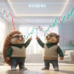 안경 쓴 고슴도치 캐릭터가 딥그린 터틀넥 차림으로 하락추세선을 뚫고 계단식으로 저점을 높이는 대형 차트를 확신에 찬 표정으로 가리키는 모습을 그린 일러스트