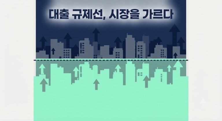 서울 아파트 단지와 대출 규제 상승 그래프가 겹쳐진 이미지