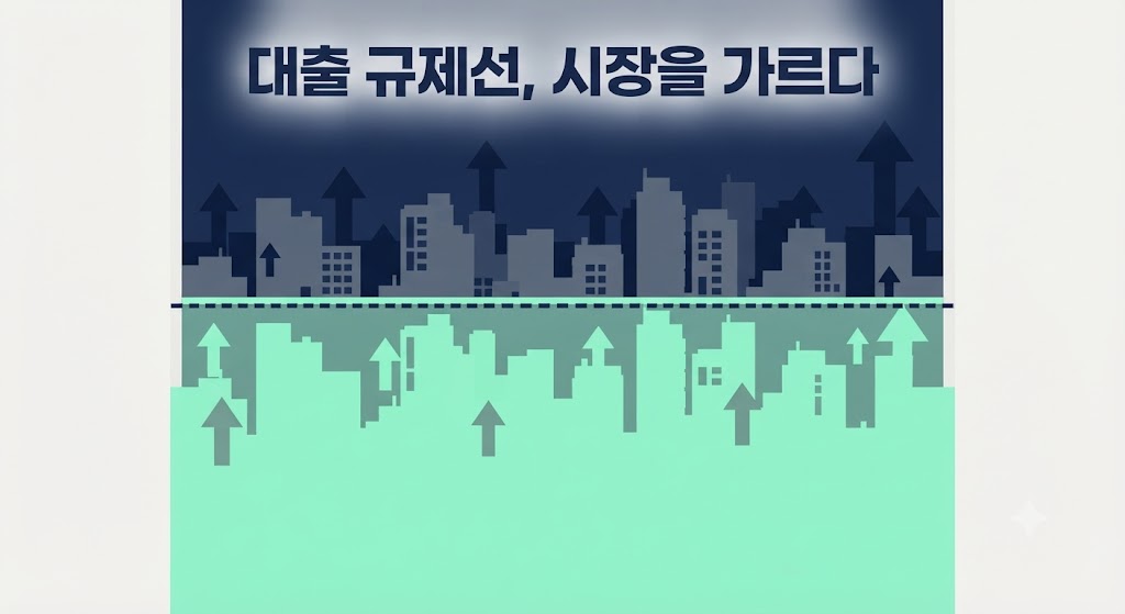 서울 아파트 단지와 대출 규제 상승 그래프가 겹쳐진 이미지