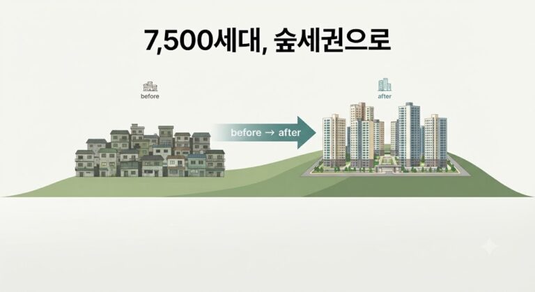 경사진 언덕 위 노후주택과 새로 들어설 고층 재개발 단지가 대비되는 이미지