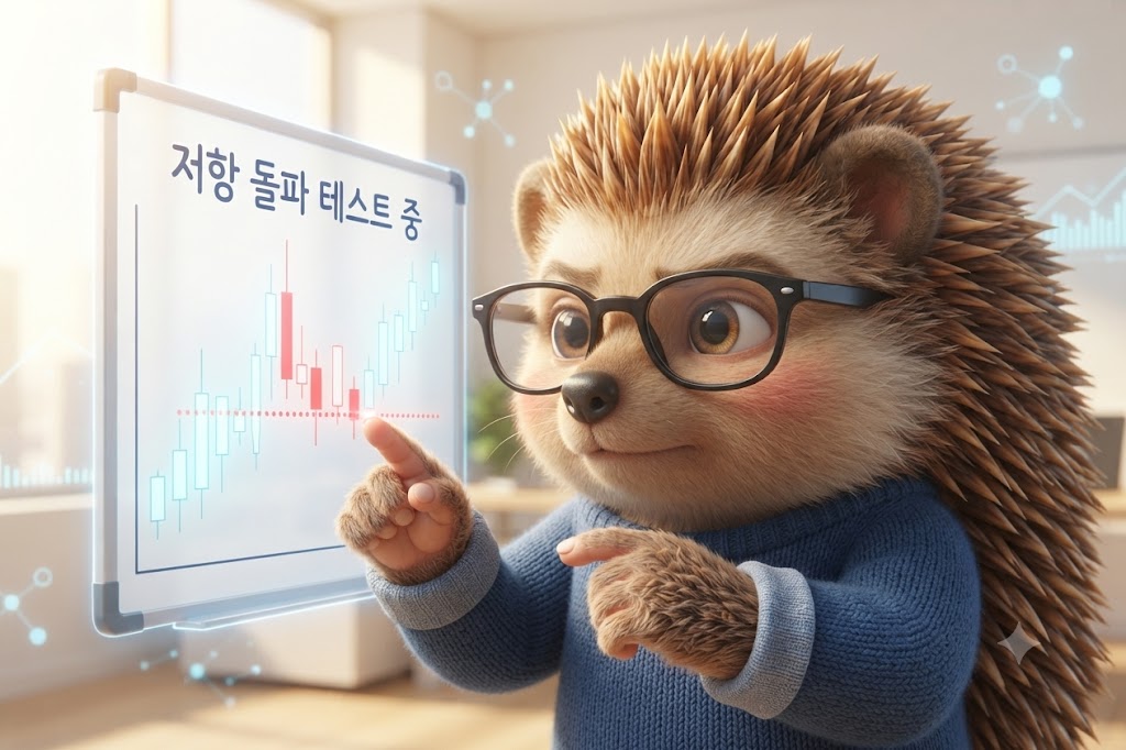 안경 쓴 고슴도치 캐릭터가 홀로그램 캔들차트의 저항선을 손끝으로 짚으며 진지하게 분석하는 모습을 그린 일러스트