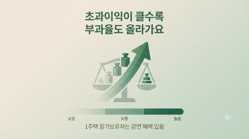 재건축 초과이익에 따른 부과율 상승과 1주택 장기보유자 감면 혜택을 나타내는 상승 화살표와 저울 인포그래픽 이미지