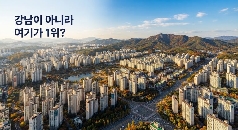 경기 성남시 분당구 아파트 단지들과 "강남이 아니라 여기가 1위?" 문구가 합성된 항공뷰 사진