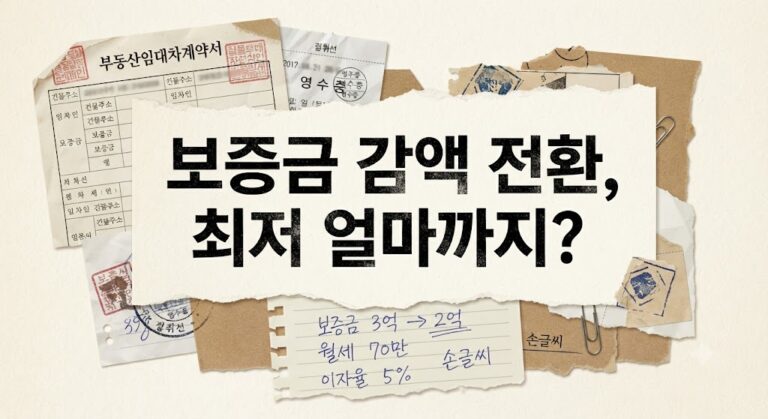 임대차계약서 조각과 영수증, 손글씨 메모가 콜라주된 배경 위에 '보증금 감액 전환, 최저 얼마까지?' 문구가 적힌 썸네일 이미지