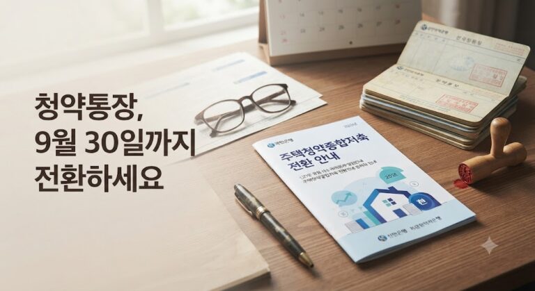 책상 위에 놓인 오래된 통장과 주택청약종합저축 전환 안내 책자, 그리고 '청약통장, 9월 30일까지 전환하세요' 텍스트가 적힌 이미지