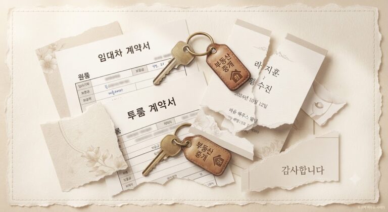 원룸 계약서와 부동산 열쇠, 청첩장이 놓인 정물 사진