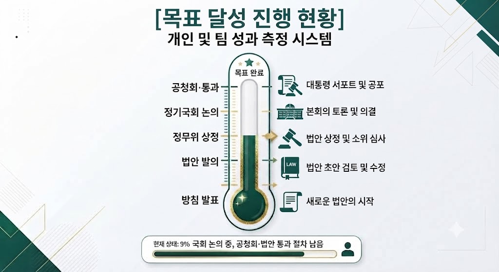 부동산감독원 설립 진행 현황을 보여주는 온도계형 인포그래픽, 방침 발표부터 법안 발의, 정무위 상정, 정기국회 논의, 공청회·통과까지 5단계 표시