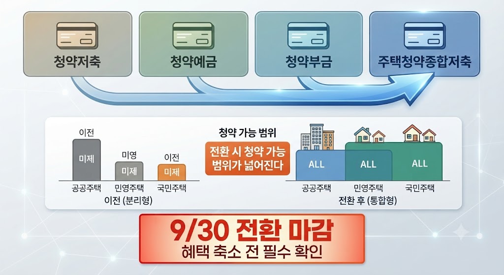 청약저축·청약예금·청약부금이 화살표로 주택청약종합저축에 연결되며 청약 가능 범위가 넓어지는 흐름을 보여주는 인포그래픽, 하단에 9월 30일 전환 마감 문구